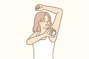 kvinna höjning hand använder sig av deodorant under morgon- hygien rutin- till undvika svettas och odör. ung flicka tar vård av hud och gäller deodorant eller antiperspirant till skaffa sig befria av svettas vektor