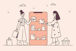 online Einkaufen und Internet Kauf Konzept. jung Damen wählen Artikel und Hinzufügen zu Wagen online während Einkaufen auf Smartphone Bildschirm Vektor Illustration