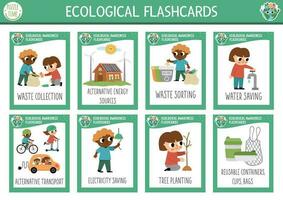 vektor blixt kort uppsättning med barn omtänksam av miljö. ekologisk engelsk språk spel. eco medvetenhet flashcards för barn. enkel pedagogisk tryckbar arbetsblad.