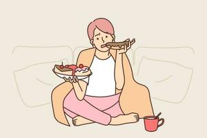 ledsen kvinna äter massa av ljuv Hög kalorie mat önskar till skaffa sig befria av påfrestning efter misslyckades relation. flicka med filt på axlar lider från överätande associerad med påfrestning och ensamhet vektor