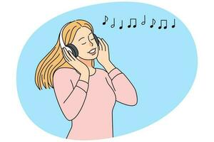 Lycklig flicka i hörlurar lyssnande till musik. leende ung kvinna njut av Bra ljud i hörlurar. hobby och underhållning. vektor illustration.