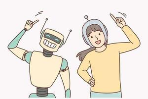 Lycklig barn spelar med robot, dans och njuter kommunikation med artificiell intelligens. liten flicka är vänner med robot utrustad med ai för begrepp av innovativ teknik i utbildning vektor