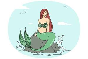 schön Rothaarige Meerjungfrau Sitzung auf Stein im Meer. ziemlich Frau Leben im Ozean entspannen auf Felsen auf Strand. Vektor Illustration.