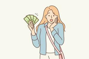 kvinna med kontanter skriker Wow fröjd på stor inköp bonus eller pengar tillbaka. flicka demonstrerar sedlar kallelse för deltagande i lotteri eller konkurrens med pengar pris- för vinnare vektor