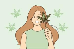 Frau hält Cannabis Blatt empfehlen Legalisierung von Marihuana verwenden zum medizinisch Zwecke. jung Mädchen mit Cannabis in der Nähe von Gesicht zum Werbung verwenden von Zigaretten mit Gras oder Haschisch Tabak vektor