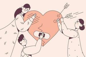 Portion Hand, Unterstützung, Freiwilligenarbeit Konzept. drei nett jung Menschen Karikatur Zeichen Aushärten und reanimieren gebrochen beschädigt Herz zusammen Vektor Illustration