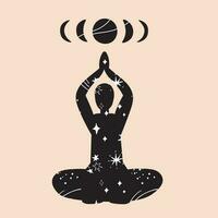 Silhouette Yoga meditieren Mann und Phasen von das Mond. Mensch Verbindung mit das Kosmos und Mond, Ritual Praktiken Methoden Ausübungen, International Tag von Yoga Vorlage, Poster, Postkarte, T-Shirt drucken, Poster. Vektor