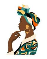 porträtt av en skön afrikansk kvinna i en nationell huvudbonad i profil. illustration, vektor