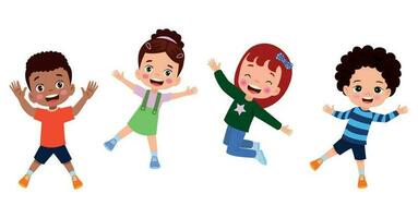 springende kinder. Fröhliche lustige Kinder, die in verschiedenen Action-Posen spielen und springen, bilden kleine Team-Vektorfiguren. illustration von kindern und kinderspaß und lächeln vektor
