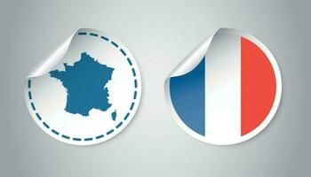 Frankrike klistermärke med flagga och Karta. märka, runda märka med Land. vektor illustration på grå bakgrund.