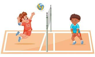 tecknad serie barn spelar volleyboll i de fält. vektor illustration