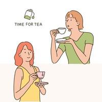 två kvinnor håller tekoppar och dricker te. handritade illustrationer för stilvektordesign. vektor