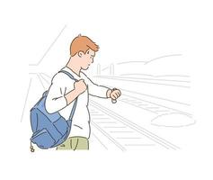en man tittar på sin klocka medan han väntar på tunnelbanan. handritade illustrationer för stilvektordesign. vektor