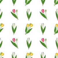 sömlösa mönster med vårblommor tulpaner i olika färger. uppsättning växter med ljusa knoppar och gröna blad vektor
