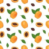 sömlös bakgrund med aprikoser, frön och blad. ett sött sommar- eller vårtryck med hel och halverad frukt. festlig dekoration för textilier, omslagspapper och design vektor