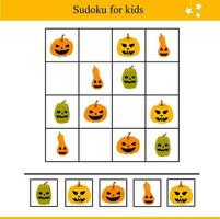 sudoku för barn med halloween pumpor. pedagogisk spel för barn. höst vektor illustration