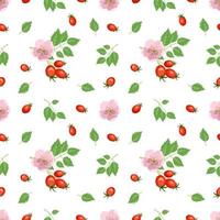 helles nahtloses Muster mit Hagebutten, roten Beeren, Blättern und Blumen. sommerlicher süßer Druck für Geschenkpapier, Textil und Design vektor