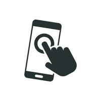 Hand berühren Smartphone Symbol im eben Stil. Telefon Finger Vektor Illustration auf Weiß isoliert Hintergrund. Mauszeiger Berührungssensitiver Bildschirm Geschäft Konzept.