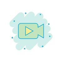 Videokamera-Symbol im Comic-Stil. Film abspielen Vektor Cartoon Illustration Piktogramm. Video-Streaming-Business-Konzept-Splash-Effekt.