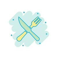 gaffel och kniv restaurang ikon i komisk stil. middag Utrustning vektor tecknad serie illustration piktogram. restaurang företag begrepp stänk effekt.