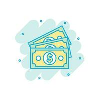 Dollar-Währungsbanknoten-Symbol im Comic-Stil. Dollar Bargeld Vektor Cartoon Illustration Piktogramm. Banknotenrechnung Geschäftskonzept Splash-Effekt.