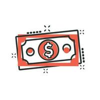 Dollar-Währungsbanknoten-Symbol im Comic-Stil. Dollar Bargeld Vektor Cartoon Illustration Piktogramm. Banknotenrechnung Geschäftskonzept Splash-Effekt.