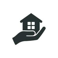 Zuhause Pflege Symbol im eben Stil. Hand halt Haus Vektor Illustration auf Weiß isoliert Hintergrund. Gebäude Qualität Geschäft Konzept.