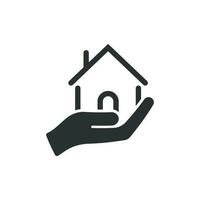 Zuhause Pflege Symbol im eben Stil. Hand halt Haus Vektor Illustration auf Weiß isoliert Hintergrund. Gebäude Qualität Geschäft Konzept.