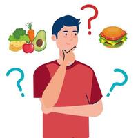 Mann, der zwischen gesundem und ungesundem Essen, Fast Food oder ausgewogenem Menü wählt vektor