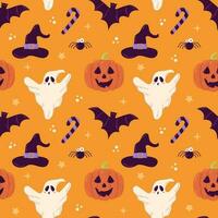 halloween vektor sömlös mönster design med spöke, pumpa och fladdermus