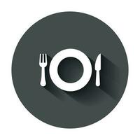 gaffel och kniv restaurang ikon i platt stil. middag Utrustning vektor illustration med lång skugga. restaurang företag begrepp.