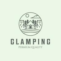 Wald Glamping Logo Linie Kunst , Berg minimalistisch Symbol Logo Glamping Urlaub vektor