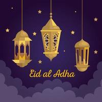 eid al adha mubarak, fröhliches Opferfest, mit goldenen Laternen hängen und Sternendekoration vektor