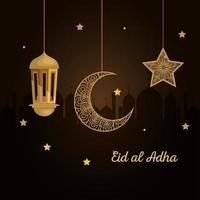 eid al adha mubarak, fröhliches Opferfest, mit goldener Laterne, Mond und Stern hängende Dekoration vektor