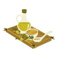 Glas Olive Öl Flasche, Schüssel, Löffel mit Gelb fett. transparent Krug mit Gemüse Öl, Ast von Olive Bäume auf hölzern Küche Tablett. Geschirr, Kochen Konzept. gesund Lebensmittel. Vektor Illustration