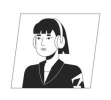söt asiatisk kvinna i hörlurar svart vit tecknad serie avatar ikon. söt frisyr. redigerbar 2d karaktär användare porträtt, linjär platt illustration. vektor ansikte profil. översikt person huvud och axlar