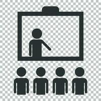 Träning utbildning ikon i platt stil. människor seminarium vektor illustration på isolerat bakgrund. skola klassrum lektion företag begrepp.