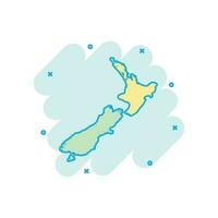 Vektor-Cartoon-Neuseeland-Kartensymbol im Comic-Stil. neuseeland zeichen illustration piktogramm. Kartografie-Karten-Business-Splash-Effekt-Konzept. vektor