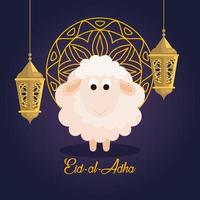 Feier des muslimischen Gemeinschaftsfestivals Eid al Adha, Karte mit Opferschafen und Goldmandala, Laternen hängende Dekoration vektor