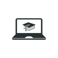 E-Learning Bildung Symbol im eben Stil. Studie Vektor Illustration auf Weiß isoliert Hintergrund. Laptop Computer online Ausbildung Geschäft Konzept.