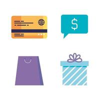 kreditkort, symbol dollar i pratbubblan, väska shopping, presentask, ställa ikoner shopping online vektor