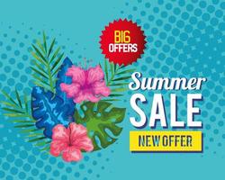große Angebote Sommerverkauf neues Angebot, Banner mit Blumen und tropischen Blättern, exotisches Blumenbanner vektor