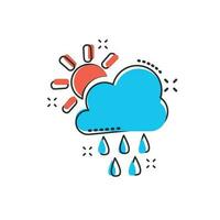 vektor tecknad serie väder prognos ikon i komisk stil. Sol med moln begrepp illustration piktogram. moln med regn företag stänk effekt begrepp.