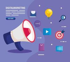 digital online marknadsföring för affärs- och sociala medier marknadsföring, megafon och marknadsföringsikoner vektor