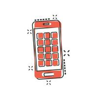 Vektor Karikatur Smartphone mit Apps Symbol im Comic Stil. Telefon Zeichen Illustration Piktogramm. Smartphone Geschäft Spritzen bewirken Konzept.