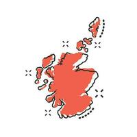 Vektor Karikatur Schottland Karte Symbol im Comic Stil. Schottland Zeichen Illustration Piktogramm. Kartographie Karte Geschäft Spritzen bewirken Konzept.