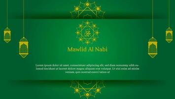 Mawlid al Nabi Muhammad Hintergrund mit Grün und Gold Farbe. geeignet zum Gruß Karte, Banner, Poster, usw. vektor