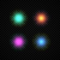 ljus effekt av lins bloss. uppsättning av fyra grön, orange, lila och blå lysande lampor starburst effekter med pärlar vektor