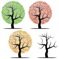vier Bäume mit Grün, Rot, Gelb Blätter und ohne Blätter. Vektor Illustration isoliert auf ein Weiß Hintergrund