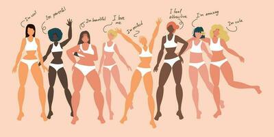 kvinnor av annorlunda etniciteter stå sida förbi sida tillsammans. skön kvinnor i underkläder. modern vektor illustration.